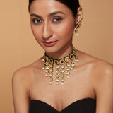 Gold Plated Multi Colour Stones Dangling Choker Necklace & Dangle Earrings Set