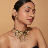 Gold Plated Multi Colour Stones Dangling Choker Necklace & Dangle Earrings Set