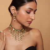 Gold Plated Multi Colour Stones Dangling Choker Necklace & Dangle Earrings Set