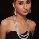 Rhodium Plated Zircon Studded Double Layer Long Necklace & Drop Earrings Set