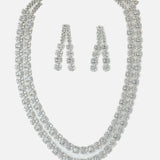 Rhodium Plated Zircon Studded Double Layer Long Necklace & Drop Earrings Set