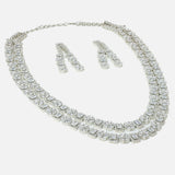 Rhodium Plated Zircon Studded Double Layer Long Necklace & Drop Earrings Set