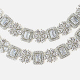 Rhodium Plated Zircon Studded Double Layer Long Necklace & Drop Earrings Set