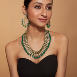 Gold Plated Kundan & Green Beads Drop Necklace & Dangle Earring Set