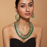 Gold Plated Kundan & Green Beads Drop Necklace & Dangle Earring Set