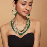 Gold Plated Kundan & Green Beads Drop Necklace & Dangle Earring Set