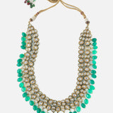 Gold Plated Kundan & Green Beads Drop Necklace & Dangle Earring Set