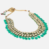 Gold Plated Kundan & Green Beads Drop Necklace & Dangle Earring Set