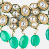 Gold Plated Kundan & Green Beads Drop Necklace & Dangle Earring Set