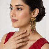Gold-Plated Jaipuri Kundan Chandbali Tassel Earrings with Green & Ruby Drops