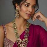 Emerald Bead Jaipuri Kundan Long Necklace Set