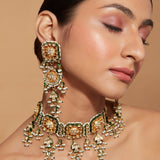 Gold Plated Kundan Studded With Dangling Beads Choker Necklace & Earrings Set