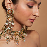 Gold Plated Kundan Studded With Dangling Beads Choker Necklace & Earrings Set