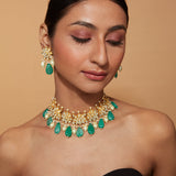 Gold Plated Kundan Studded With Green Beads Drop Choker Necklace & Dangle Earrings Set