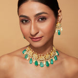 Gold Plated Kundan Studded With Green Beads Drop Choker Necklace & Dangle Earrings Set