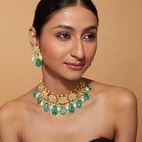 Gold Plated Kundan Studded With Green Beads Drop Choker Necklace & Dangle Earrings Set