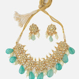 Gold Plated Kundan Studded With Green Beads Drop Choker Necklace & Dangle Earrings Set