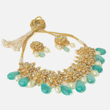 Gold Plated Kundan Studded With Green Beads Drop Choker Necklace & Dangle Earrings Set
