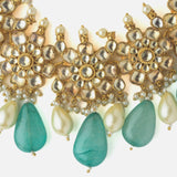 Gold Plated Kundan Studded With Green Beads Drop Choker Necklace & Dangle Earrings Set