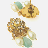 Gold Plated Kundan Studded With Green Beads Drop Choker Necklace & Dangle Earrings Set