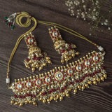 Gold Plated Red Womens Beads Choker Necklace Set with Pair of Earrings