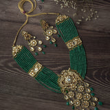 Gold Plated Green Womens Beads Long Necklace Set with Pair of Earrings