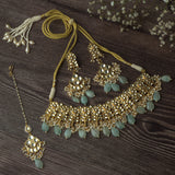 Gold Plated Green Womens Kundan Choker Necklace Set with Pair of Earrings & Maangtikka