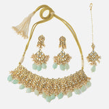 Gold Plated Green Womens Kundan Choker Necklace Set with Pair of Earrings & Maangtikka