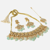 Gold Plated Green Womens Kundan Choker Necklace Set with Pair of Earrings & Maangtikka