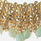 Gold Plated Green Womens Kundan Choker Necklace Set with Pair of Earrings & Maangtikka