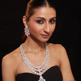 Rhodium Plated Zircon Studded Long Necklace & Drop Earrings Set