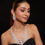 Rhodium Plated Zircon Studded Long Necklace & Drop Earrings Set