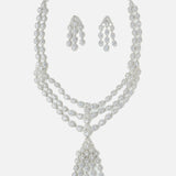 Rhodium Plated Zircon Studded Long Necklace & Drop Earrings Set