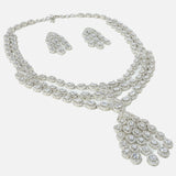 Rhodium Plated Zircon Studded Long Necklace & Drop Earrings Set