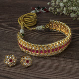 Gold Finish Red Kundan Polki & Red Stones Choker Necklace Set