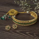 Gold Plated Green Womens Kundan Choker Necklace Set with Pair of Earrings