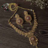 Gold Plated Red Womens Temple Short Necklace Set with Pair of Earrings