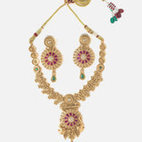 Gold Plated Red Womens Temple Short Necklace Set with Pair of Earrings