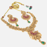 Gold Plated Red Womens Temple Short Necklace Set with Pair of Earrings