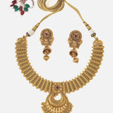 Gold Plated Womens Temple Short Necklace Set with Pair of Earrings