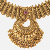 Gold Plated Womens Temple Short Necklace Set with Pair of Earrings