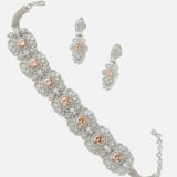 Silver Plated Yellow Womens Zircon Choker Necklace Set with Pair of Earrings