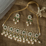 Gold Plated Green Womens Kundan Polki Necklace Set with Pair of Earrings