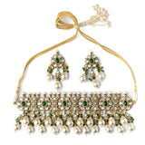 Gold Plated Green Womens Kundan Polki Necklace Set with Pair of Earrings
