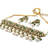 Gold Plated Green Womens Kundan Polki Necklace Set with Pair of Earrings
