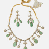 Gold Plated Green Womens Synthetic Stone Necklace Set with Pair of Earrings