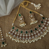Gold Plated Green Womens Kundan Polki Necklace Set with Pair of Earrings & Maangtikka