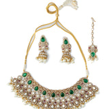 Gold Plated Green Womens Kundan Polki Necklace Set with Pair of Earrings & Maangtikka