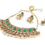 Gold Plated Green Womens Kundan Polki Necklace Set with Pair of Earrings & Maangtikka