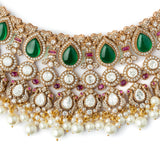Gold Plated Green Womens Kundan Polki Necklace Set with Pair of Earrings & Maangtikka